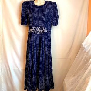 Vintage Navy Blue and White Dress, Size 12